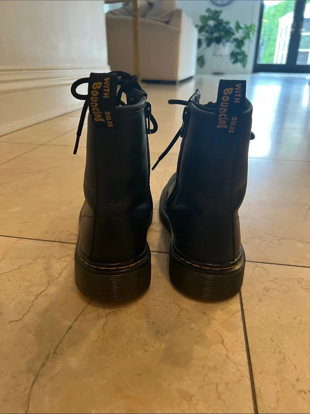 Dr. Martens Kids Black Leather Lace-Up Boots with Yellow Stitching